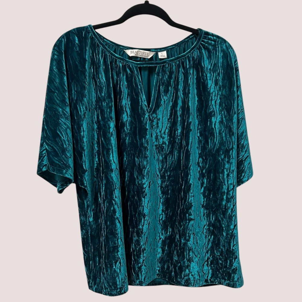 Beautiful Lawrence Zarian Teal Crushed Velvet Blouse Top Women’s Large - Picture 14 of 15